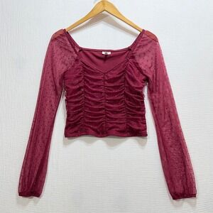SELFIE Ruched Mesh Crop Top Womens S Burgundy Long Sleeve V-Neck Ethereal